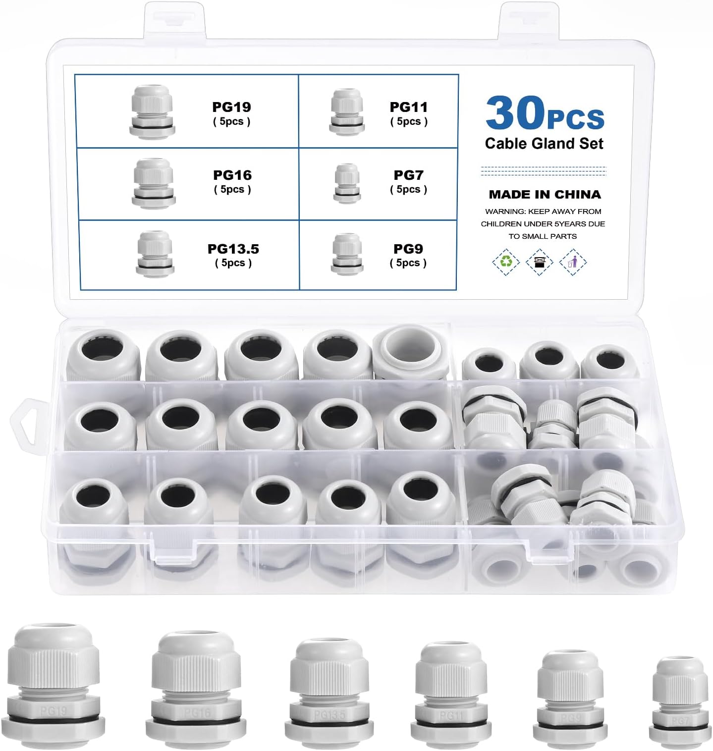 30 Pcs Cable Glands Waterproof PG7 PG9 PG11 PG13.5 PG16 PG19 Adjustable Cable Glands, Nylon Cable Glands for Cables with a Diameter of 3-15mm, Waterproof Nylon Cable Glands, White