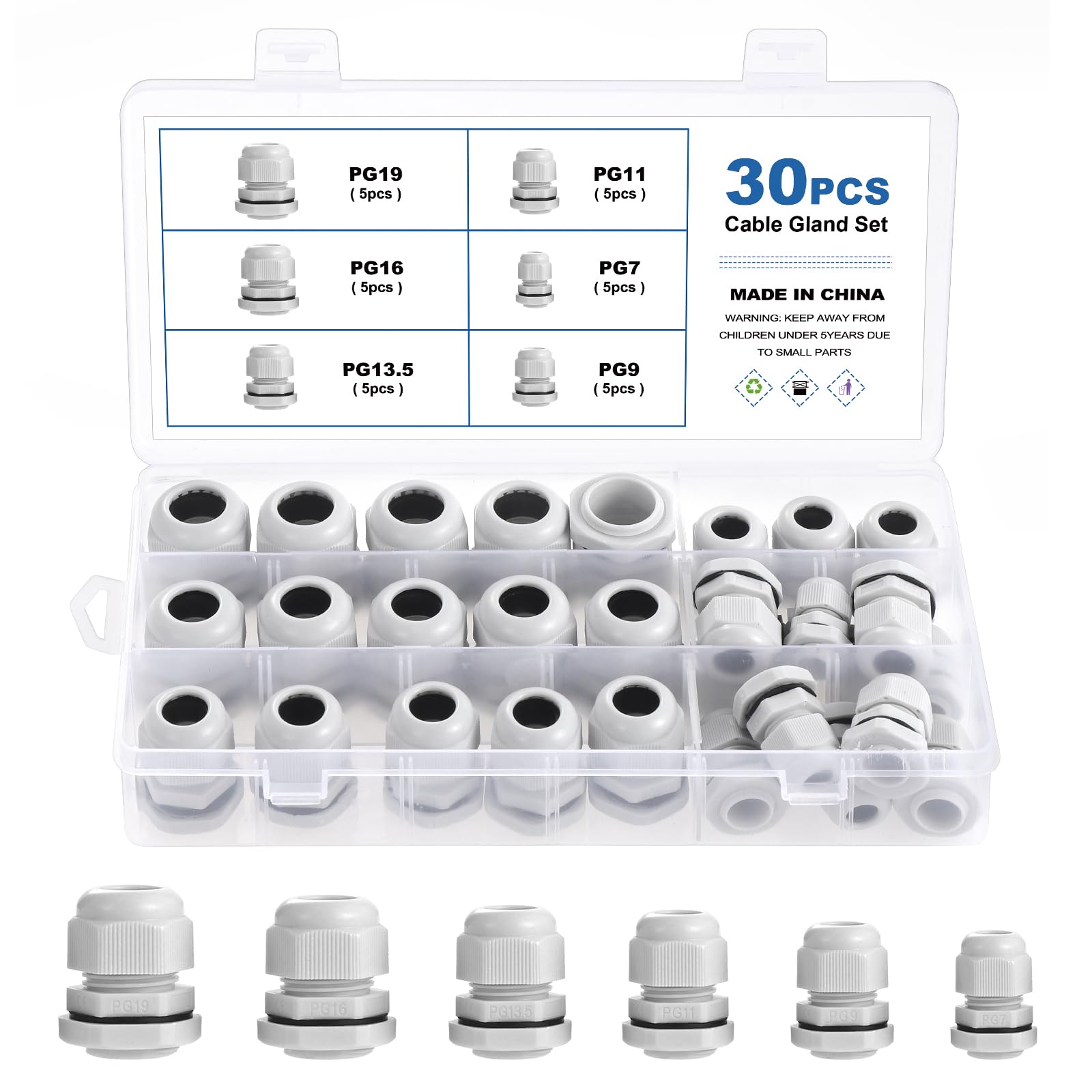 eROOSY Pack of 30 Waterproof Cable Glands Adjustable 3-15 mm Cable Glands Nylon Cable Gland PG7, PG9, PG11, PG13.5, PG16, PG19, White