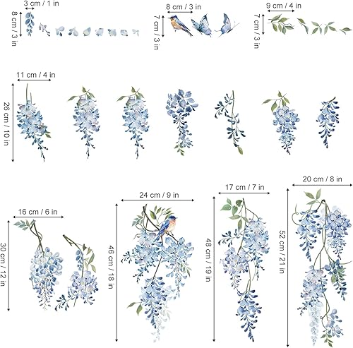Miniatura 4 de decalmile Hanging Flower Vine Wall Decal Blue Wisteria Floral Vines Wall Stickers Living Room Bedroom Sofa TV Background Wall Decor