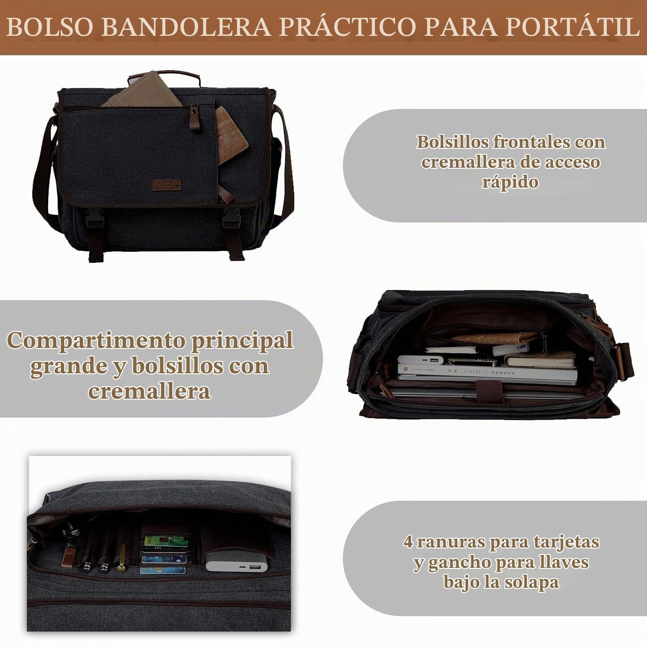 VASCHY Bandolera Hombre Grande, Bolso Mensajero Hombre Bandolera Ordenador Bolso Portátil 15,6 Pulgadas Bolso de Lona con Correa Acolchada para Trabajo Escuela Viaje Uso Diario