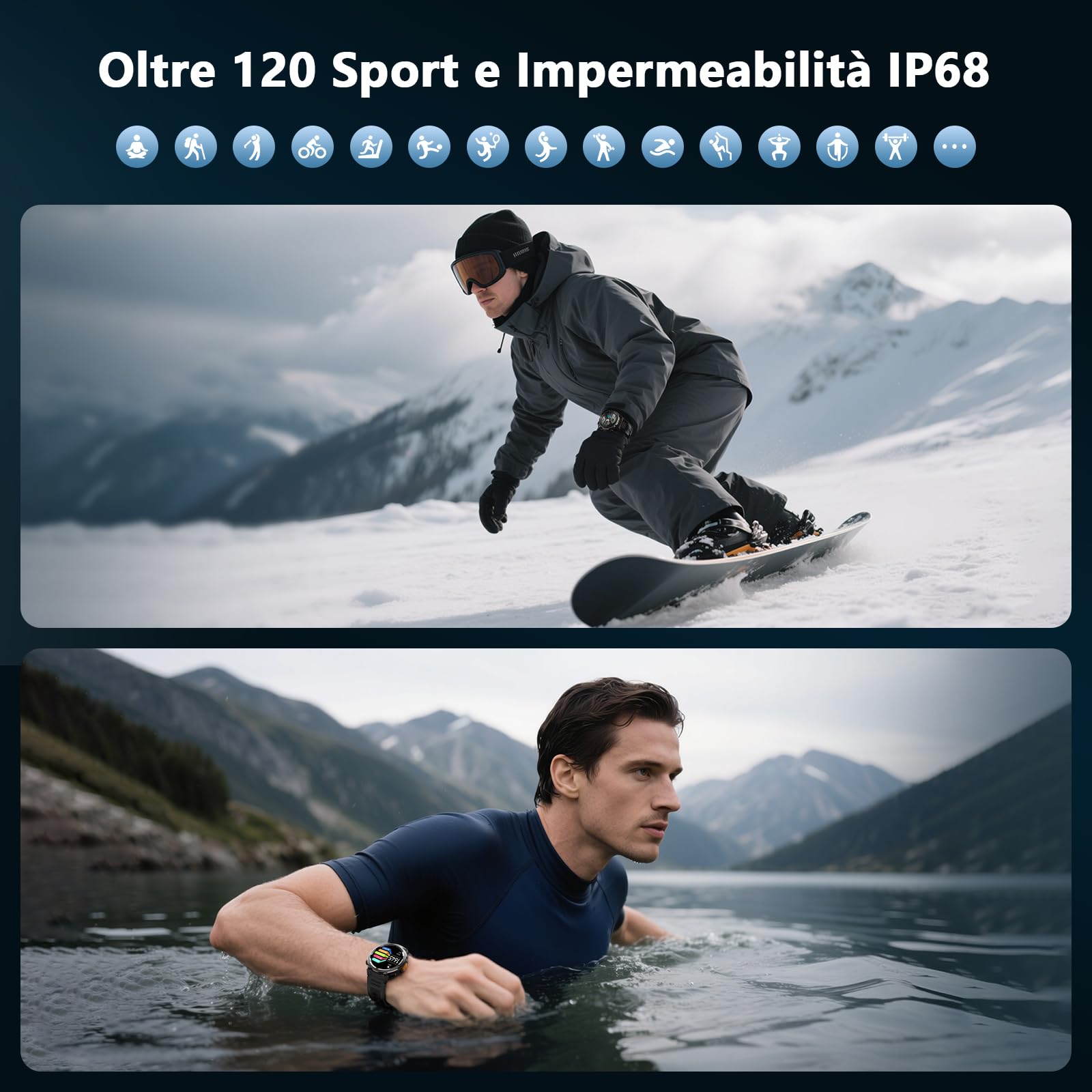 IOWODO Smartwatch Uomo Militare 1.45" con Chiamate Bluetooth, Batteria 960mAh, Torcia LED, Bussola, IP68 Impermeabile, Monitoraggio Cuore/Ossigeno nel Sangue/Sonno, 100+ Modalità Sportive, 2 Cinturini