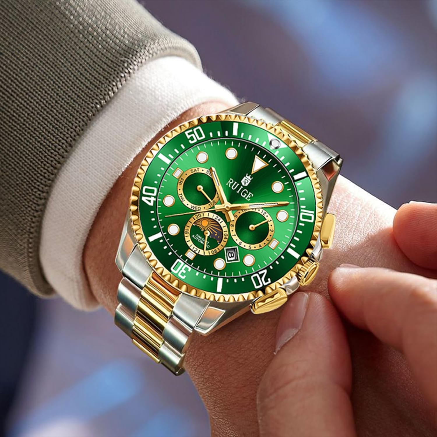 RUIGE Multifunctional Men's Fully Automatic Mechanical Watch Stainless Steel Three Eye six Needle Men's Night Light Waterproof Fashion Trend Business Watch A10 - Image 5