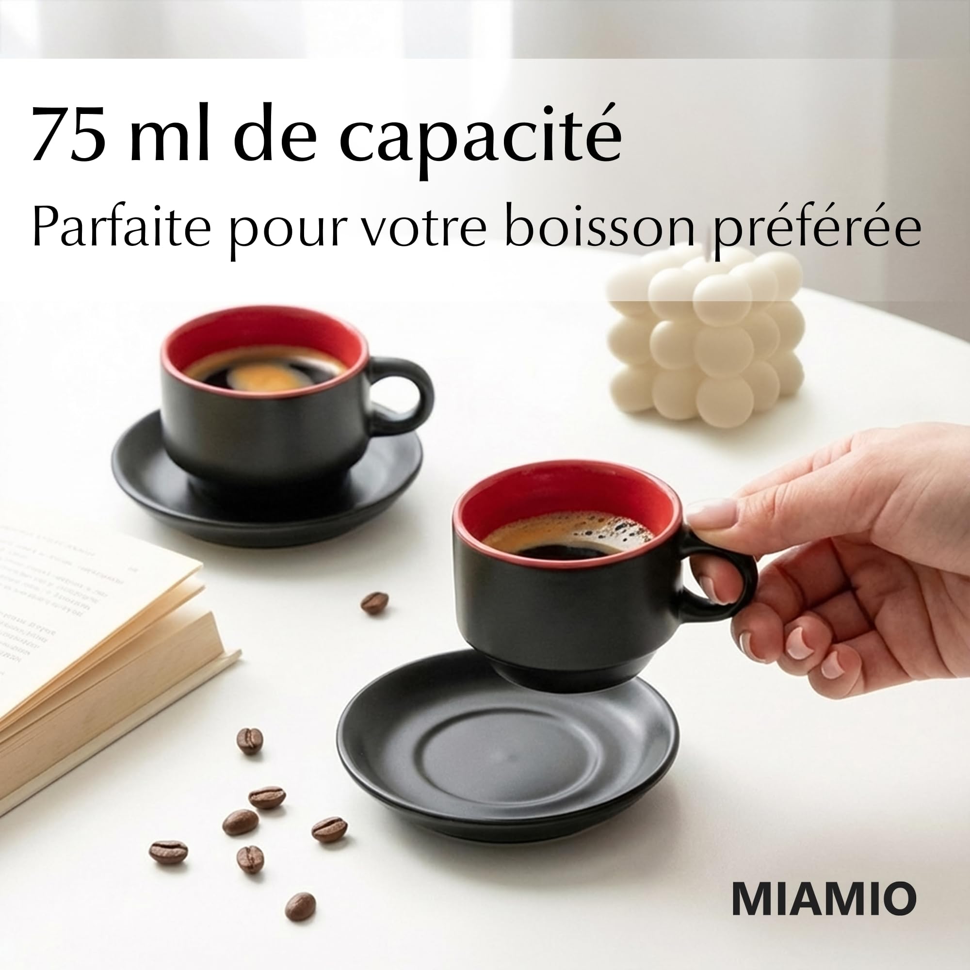 MIAMIO - 6 x 75 ml Ensemble tasses à expresso en grès tasse expresso en céramique tasse a cafe expresso - Le Papillon Collection (Rouge)