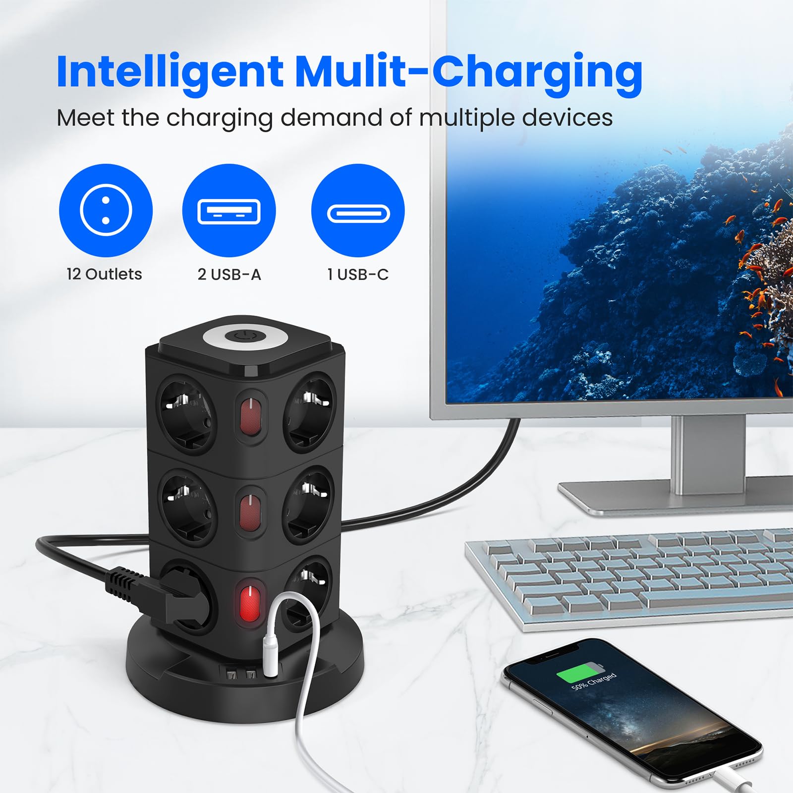 Acodot Listwa zasilająca z przełącznikiem, 16 w 1 Listwa zasilająca z wbudowanym urządzeniem odgromowym i inteligentnym interfejsem szybkiego ładowania USB C, lampka nocna przedłużacz 3M