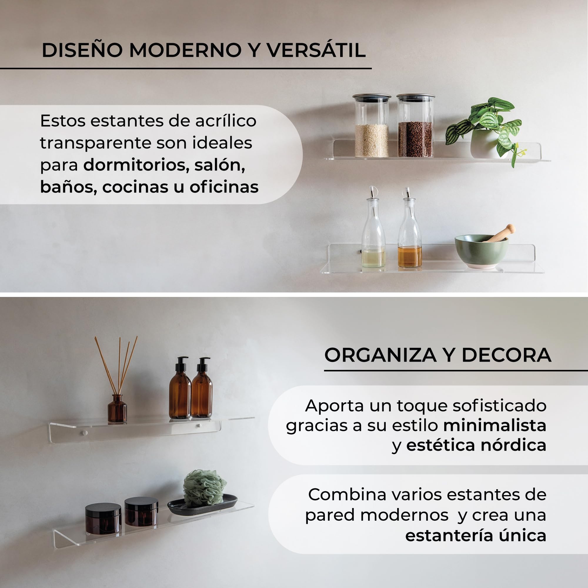 MILUKA Repisas de Pared en Metacrilato Transparente 60 x 15 cm (Pack 2) | Estante flotante de acrílico resistente, Baldas Invisibles Efecto Cristal | Repisas Decorativas para Libros, Fotos y Plantas