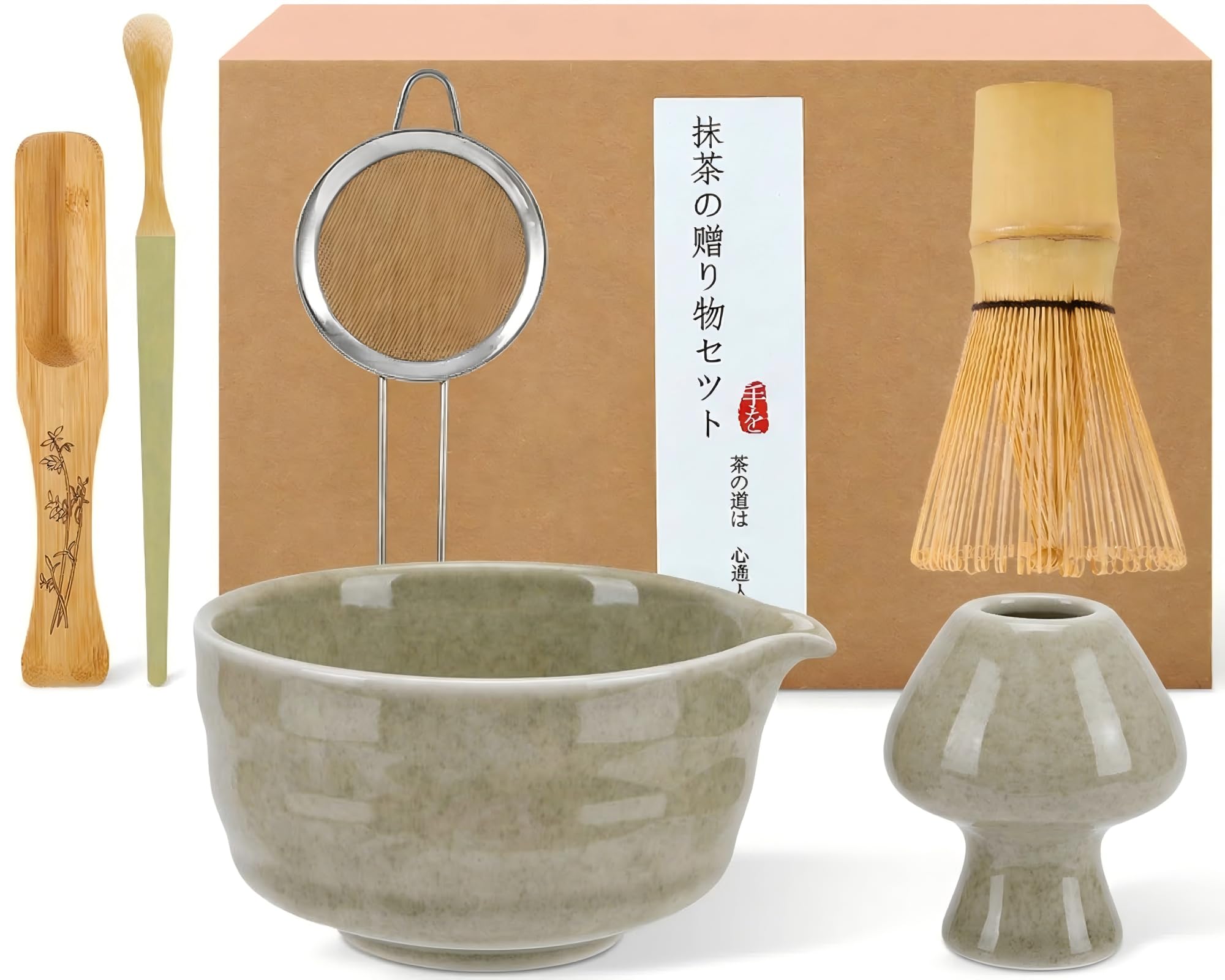 Matcha Set, 6-Teiliges Matcha Set Grün mit Bambus Matcha Besen, Matcha Schale mit Auslauf, Besen Halter, Sieb, 2 Löffel, Handgefertigt aus Reinen Naturmaterialien, Geschenk für Matcha-Liebhaber