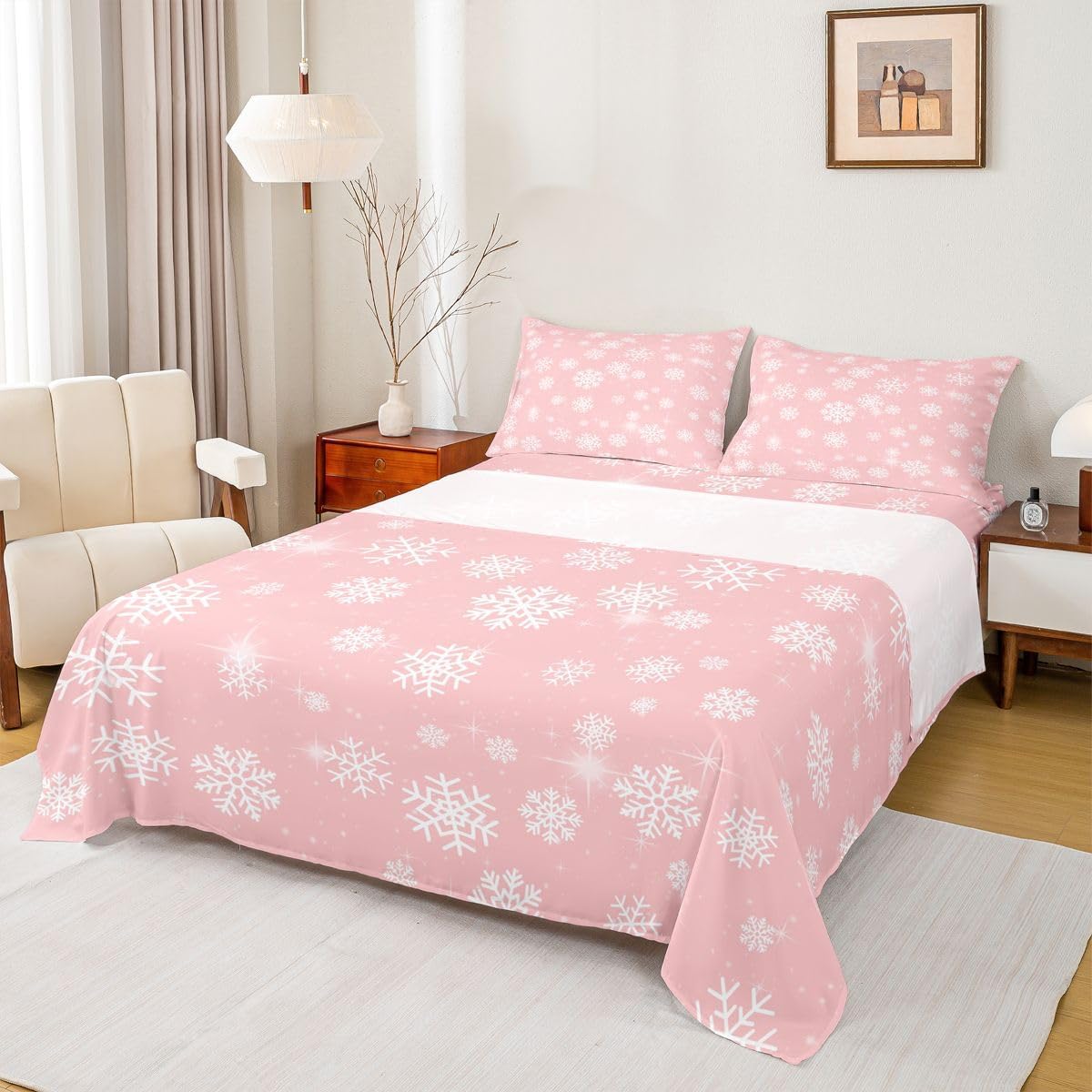 Feelyou Christmas Snowflake Bed Sheets Set Twin Size Pink Christmas Deep Pocket Fitted Sheet Xmas Deer Elk Decor Bedding Sets Soft Bed Set 3Pcs with 1 Pillow Cases