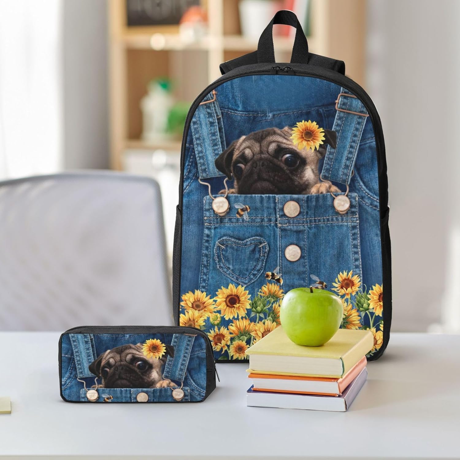 Dog Sunflower School Backpack Kids Girls Boys Teens 3PCS Bookbag with Lunch Box Pencil case Set Lightweight Bag