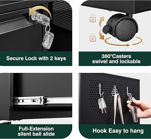 Miniatura 5 de Archivador de 3 cajones con cerradura, archivador lateral móvil, soporte de metal para impresora con estantes para oficina en casa (negro)