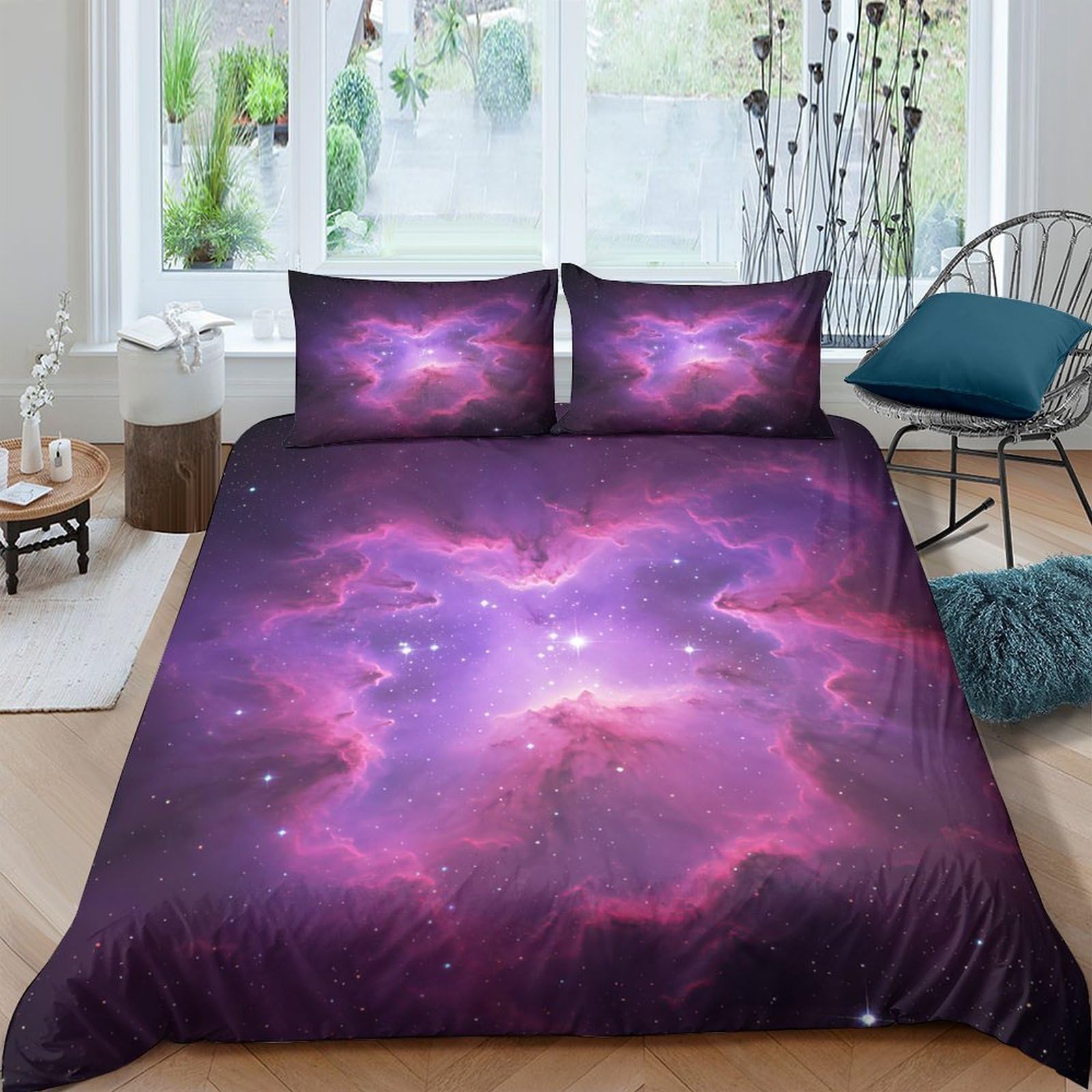 GPLZQXKJNH 3D Printed Galaxy Starry Sky Duvet Cover Microfiber Purple Cosmic Nebula Bedding Set with 2 Pillowcases for Bedroom Single（135x200cm）