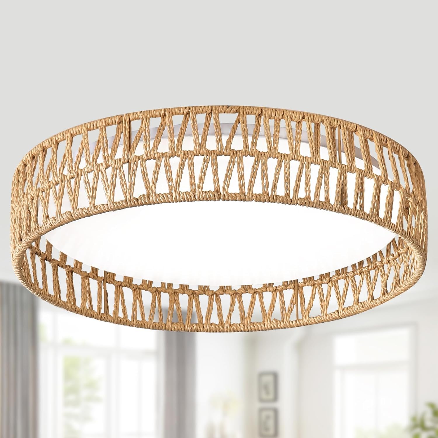Ogmokila LED Rattan Flush Mount Ceiling Light Fixture, Boho Light Fixtures Ceiling 16.9 inch, 24W Dimmable Rattan Ceiling Light 5CCT 3000K-6000K for