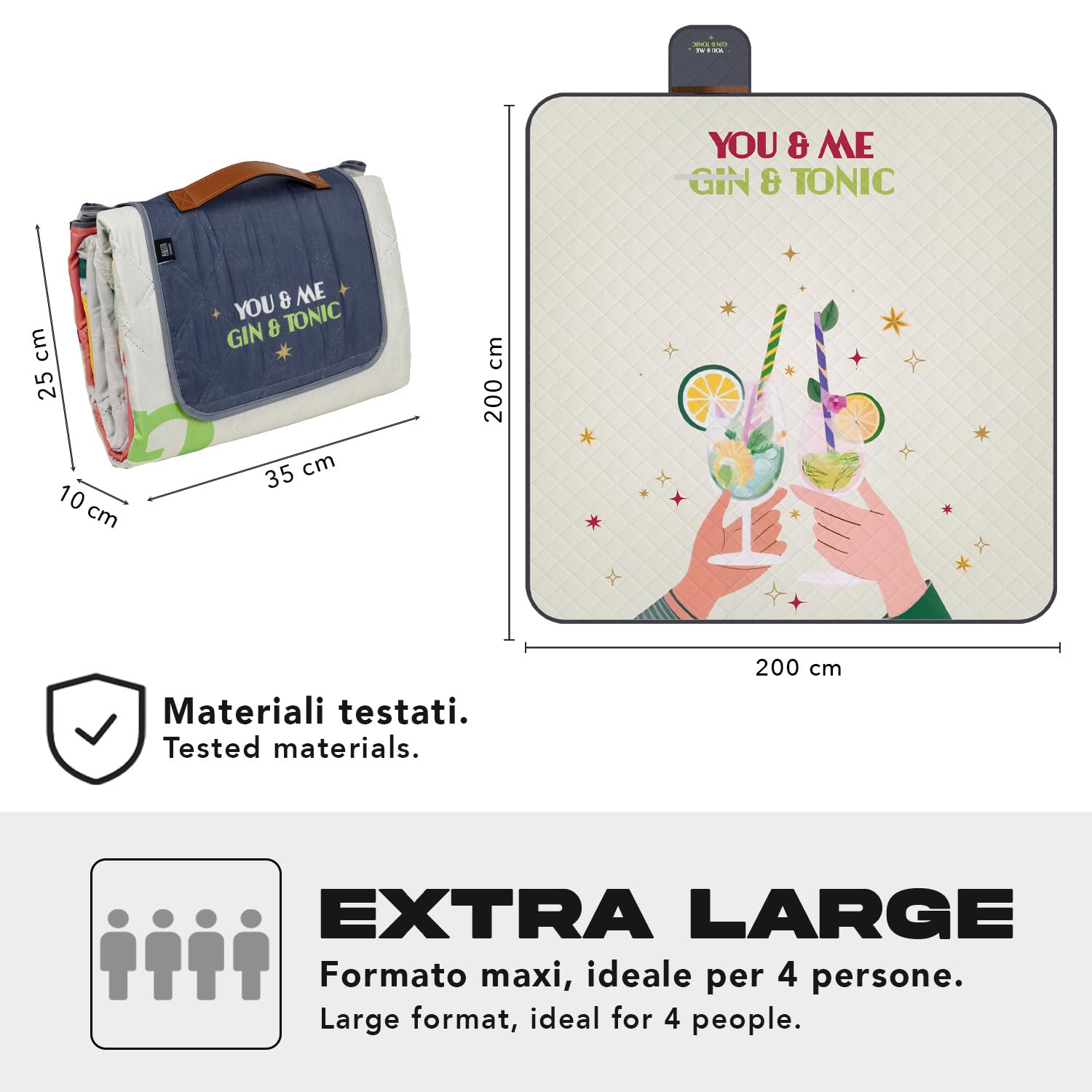 PERLETTI Telo Picnic Impermeabile Adulto 200x200 - Coperta Pic Nic Grande per Famiglia Spiaggia Montagna Parco Giardino - Tappeto da Campeggio per Esterno Portatile Pieghevole (Gin & Tonic, 200x200)