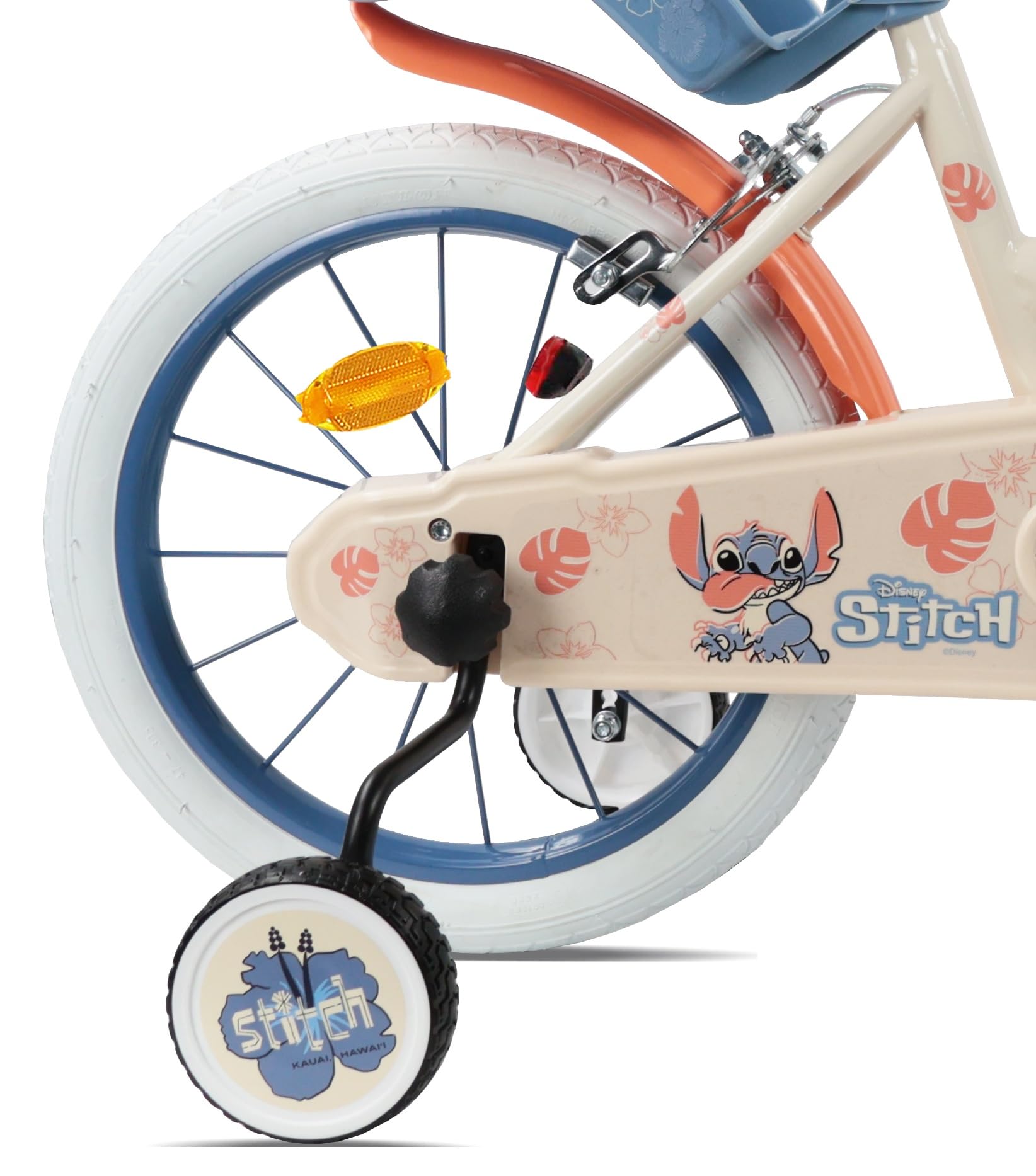 Vélo 16'' Fille avec Casque Leo & Stitch de Disney - 2 Freins Caliper - Pneus Gonflables - Panier Avant - Porte-poupée arrière - Garde-Boue 2 Stabilisateurs + Casque Stitch, Beige