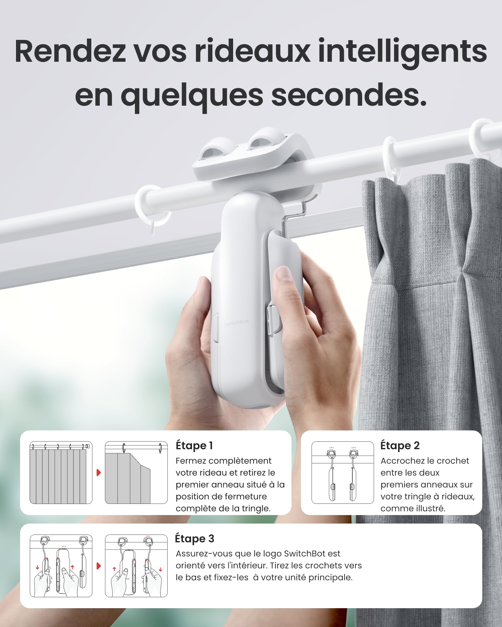 SwitchBot Poussoir de Rideau Intelligent - Télécommande Bluetooth avec App/Minuteur, Moteur Performance Amélioré, Ajoutez SwitchBot Hub pour Le Rendre Compatible avec Alexa et HomeKit(Curtain 3,Rod)