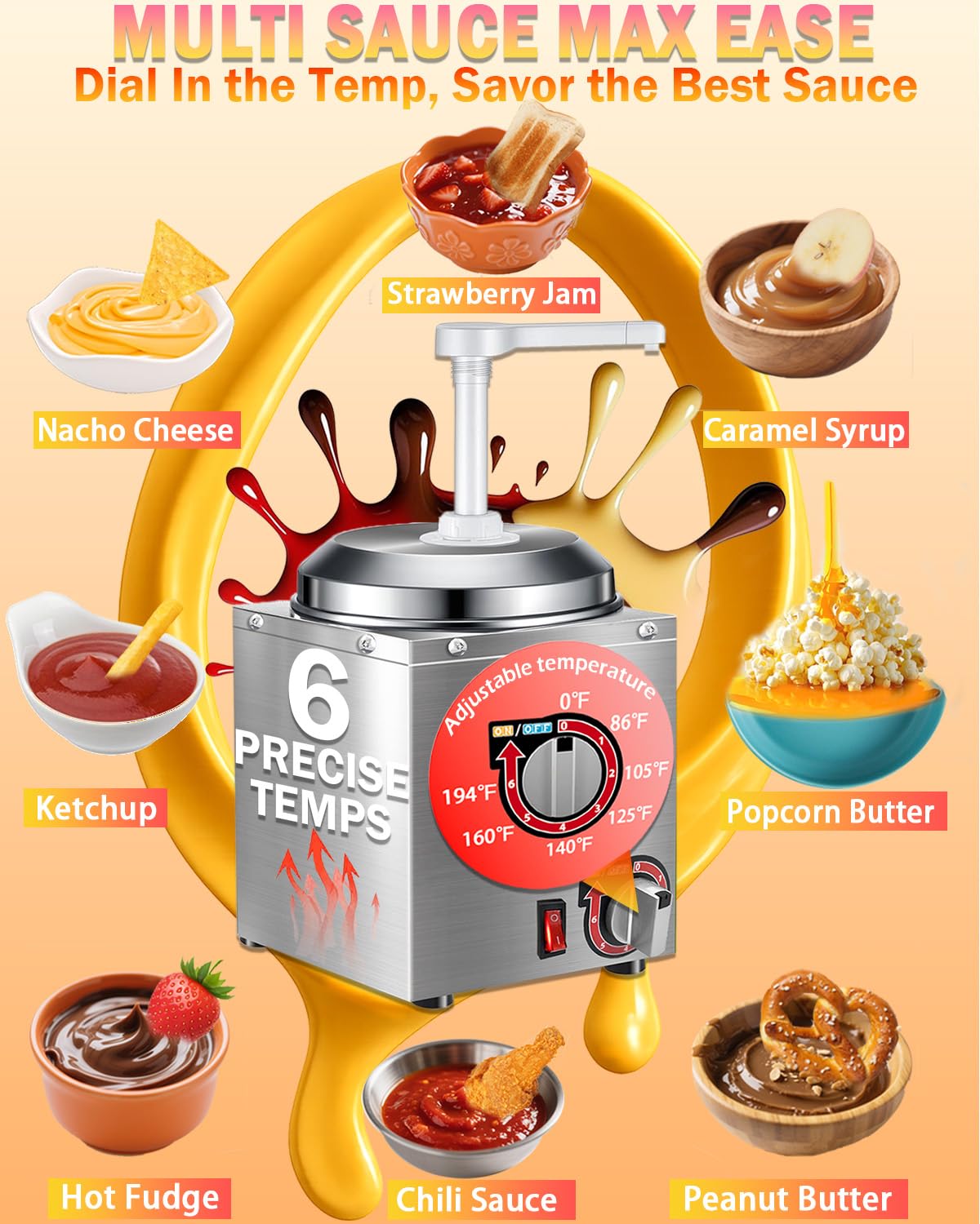 Dispensador de queso Nacho - Máquina de queso Nacho de 2,8 l con bomba, calentador de salsa caliente de acero inoxidable con ajuste de temperatura de 6 niveles, dispensador de jarabe para caramelo