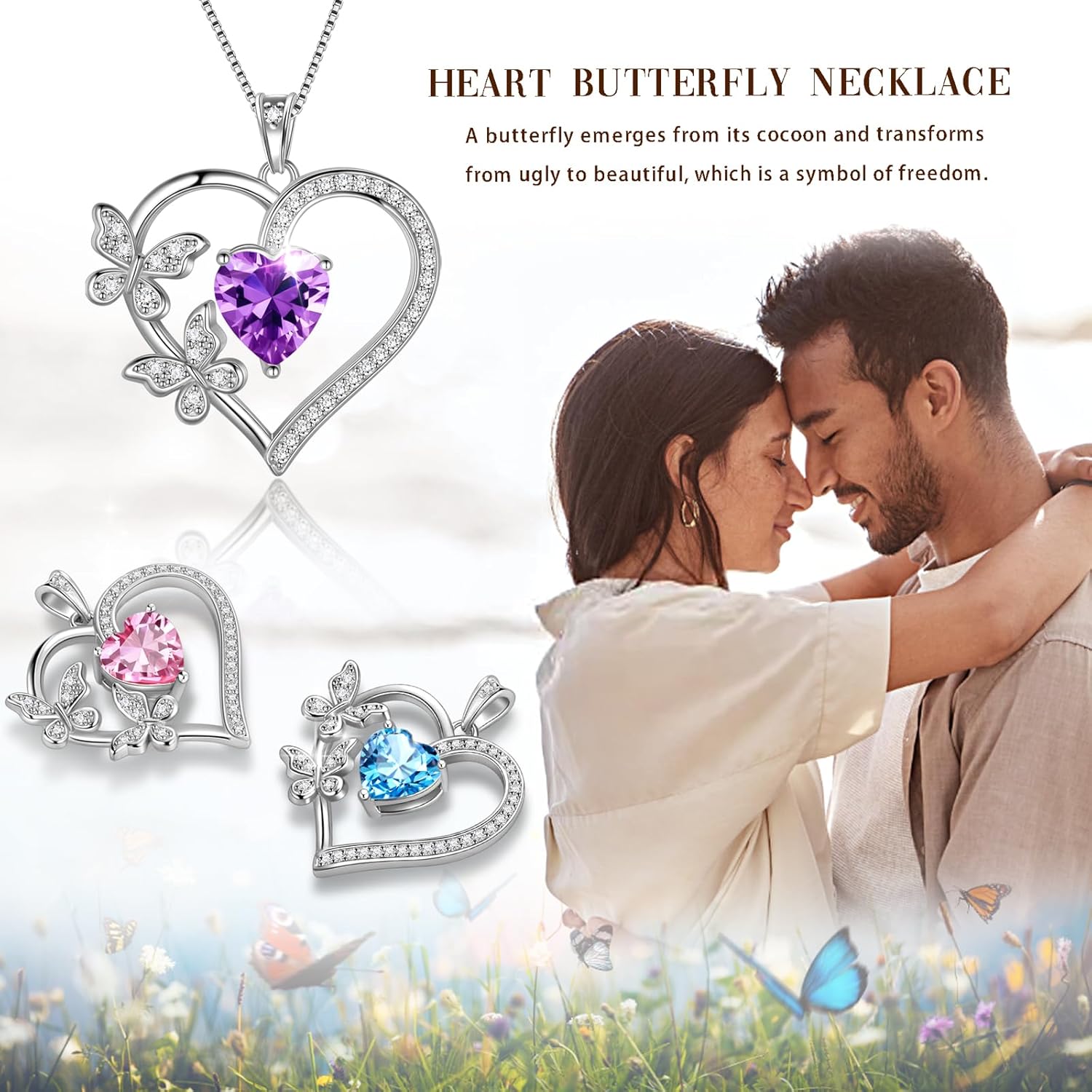 Aurora Tears Heart Butterfly Pendant Necklace - 925 Sterling Silver Birthstone Heart Crystal Necklace Gifts for Women Jewelry Mothers Day Valentines Birthday Gifts for Girls - Image 8