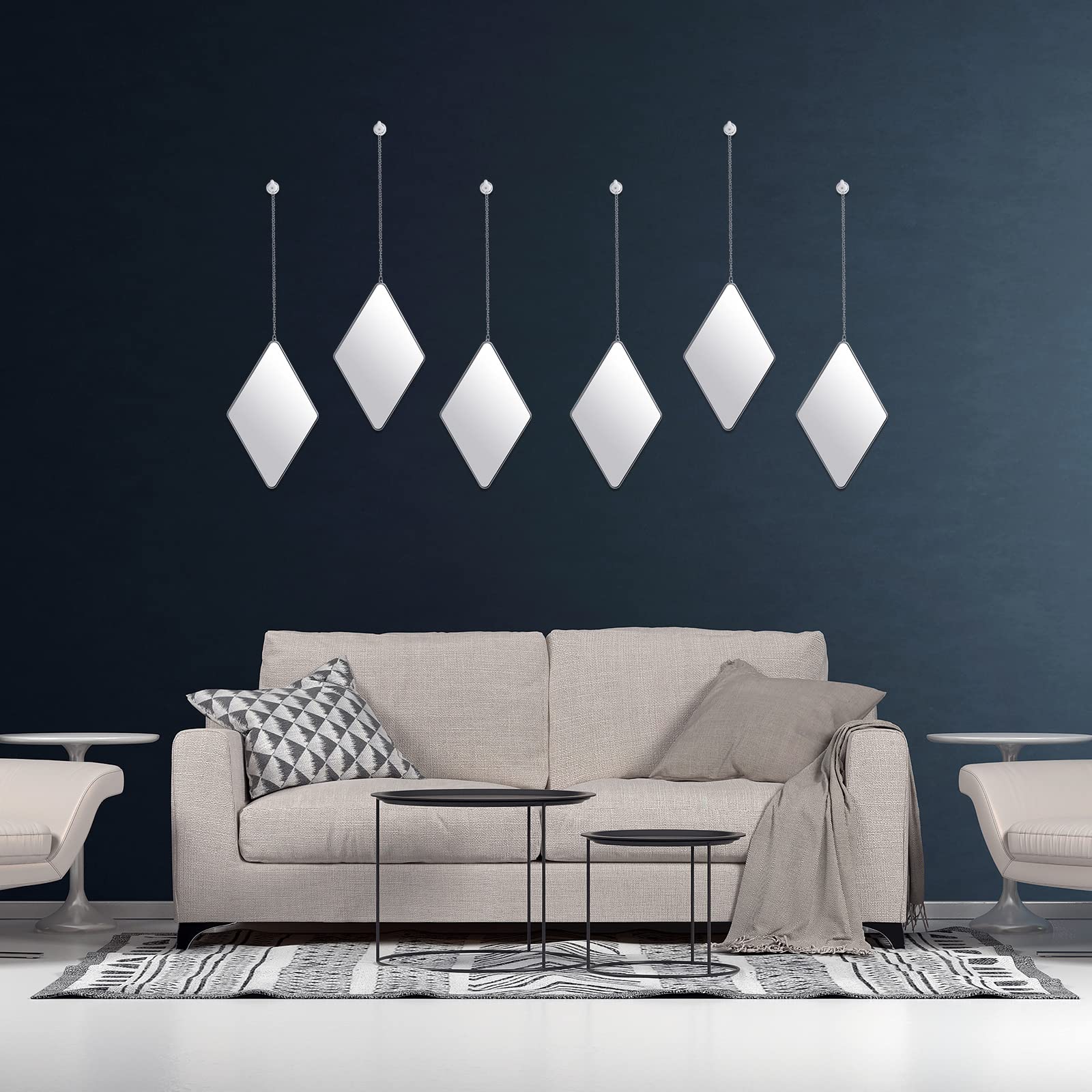 Namalu Set di 6 Decorazioni da Parete a Specchio con 2 Cacciaviti Specchi da Muro a Forma di Diamante con Catena Specchi Decorativi con Cornice in Argento da Appendere per Casa, 10,8 x 6,7 Pollici