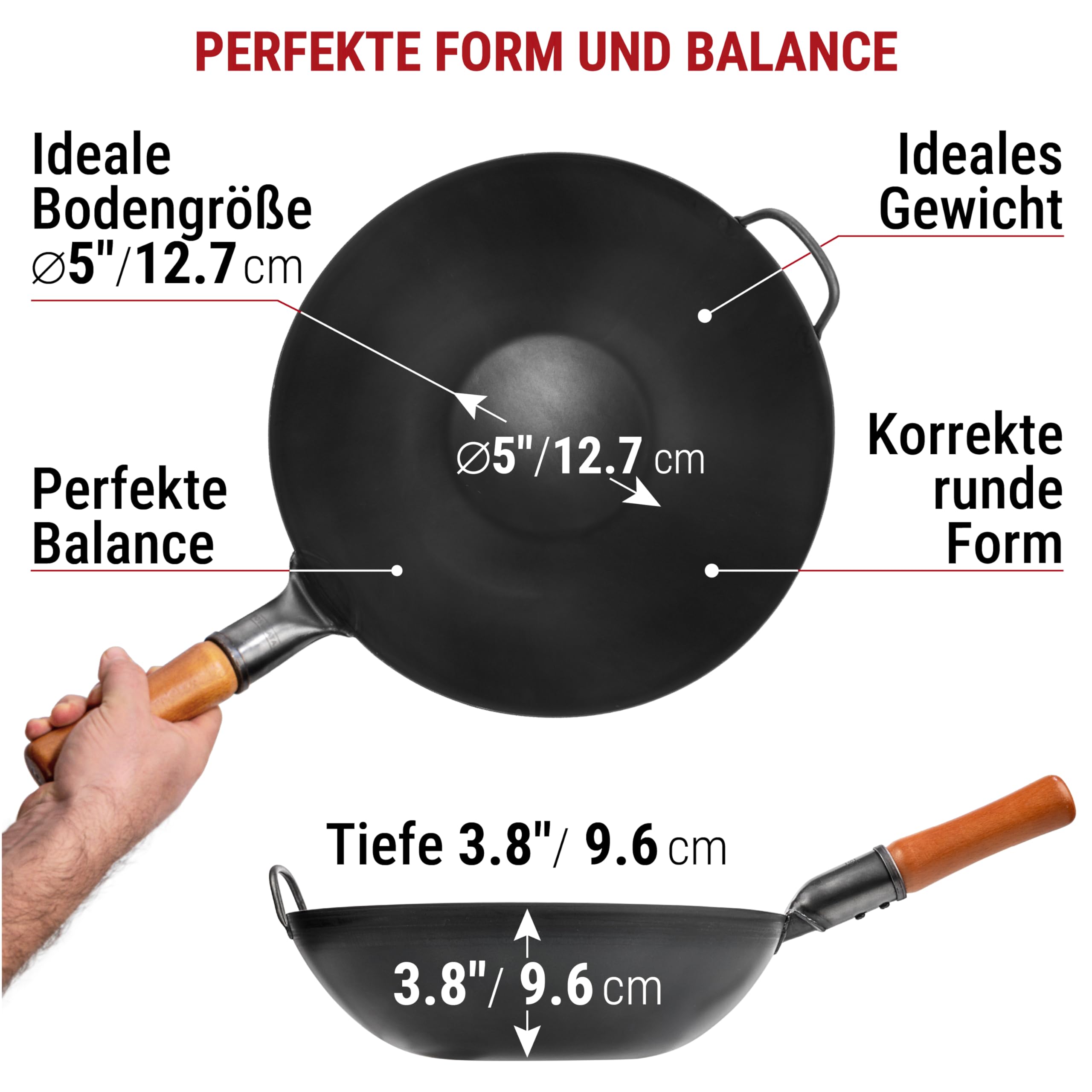 YOSUKATA Karbonstahl Woks & Wokpfannen - 34 cm Voreingebrannter Wok Pfanne Karbonstahl Flacher Boden - Traditionell Wok für induktionsherd - Kompatibel mit Gas- Elektroherden Grill Induktion Feuer
