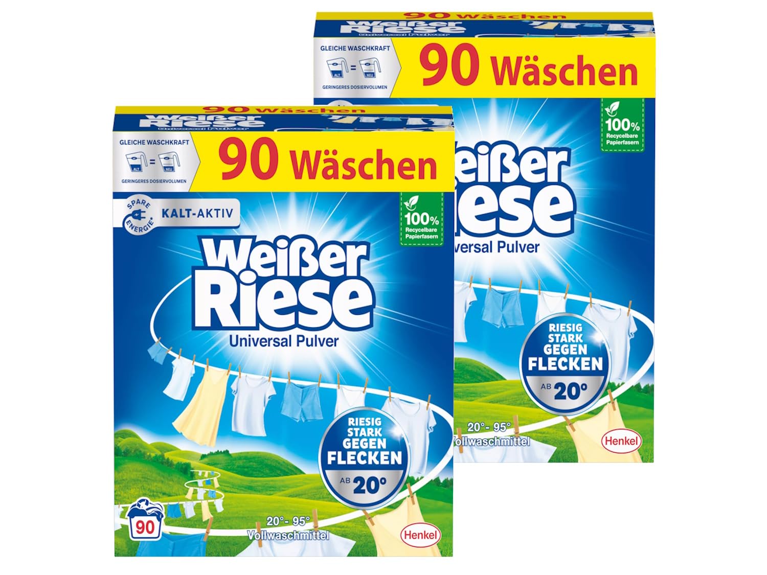 Weißer Riese Universal Pulver 180 Waschladungen (2x 90 WL), Vollwaschmittel wirkt riesig stark gegen Flecken, Kalt-Aktiv schon ab 20° C, ergiebiges Waschpulver, ideal für Familien mit Kindern