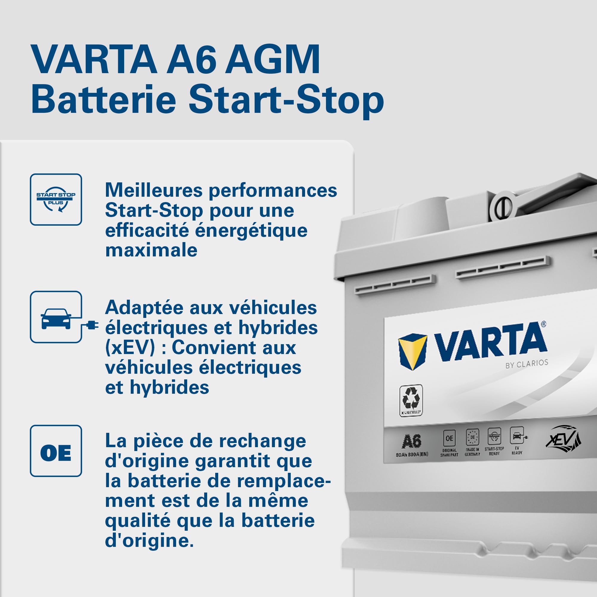Batterie de démarrage Varta Silver Dynamic AGM XEV A6 - 12V 80Ah 800A - 580901080, Petite | 580901080, Petite