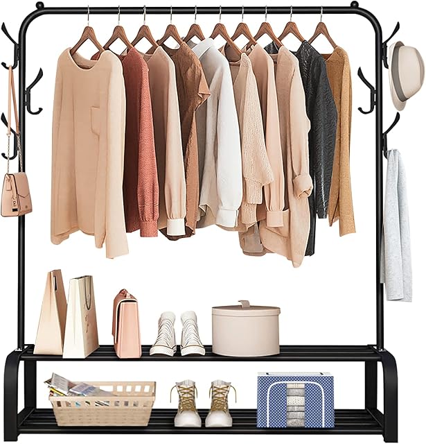 ZHZIRO Metal Clothes Rail Heavy Duty Coat Rack Freestanding Garment Rack Hanger Bedroom Drying Rack With 6 Side Hooks and 2-Tier Lower Storage Shelf for Indoor Home (BLACK)