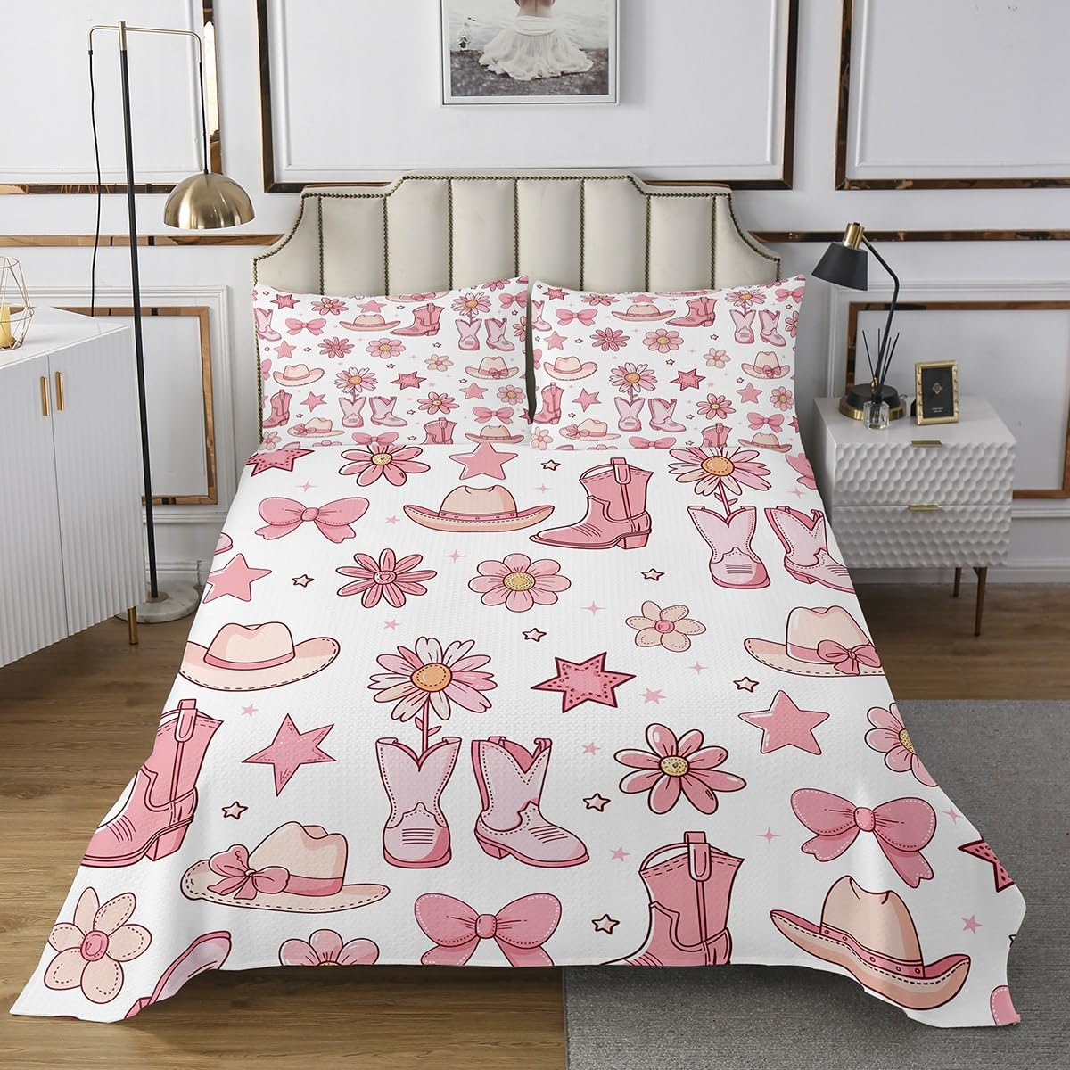 jejeloiu Cowgirl Coverlet Set Cowboy Boots Hats Bedspread for Kids Boys Girls Pink White Flower Bedspread Western Quilted Room 3Pcs Queen Size