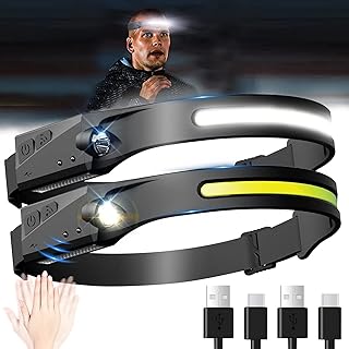 UYTWQS Headlamp Flashlight, Rechargeable LED Headlamps 350Lumens 2 COB 230°Wide Beam Headlight with Motion Sensor Bright 5 Modes Lightweight Waterproof Head Lamp for Hiking, Running, Fishing, Camping,Construction Outdoor (2 Pack)