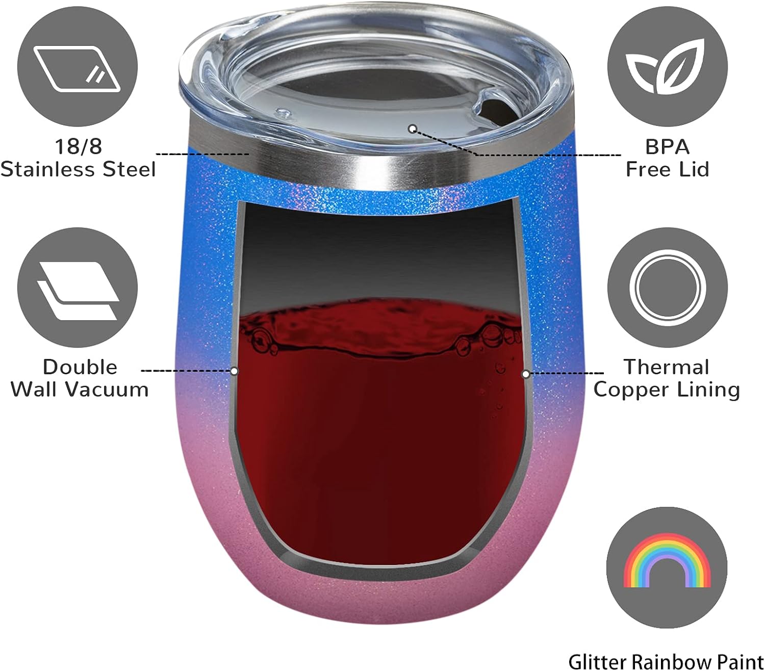 MEWAY 12oz/16 Pack Wine Tumbler Glasses with Lid - Stemless Double Wall Vacuum Stainless Steel Glitter Tumbler - Keeping Cold & Hot Cup for Coffee,for Women(Gradient Pink,Set of 16) - Image 4