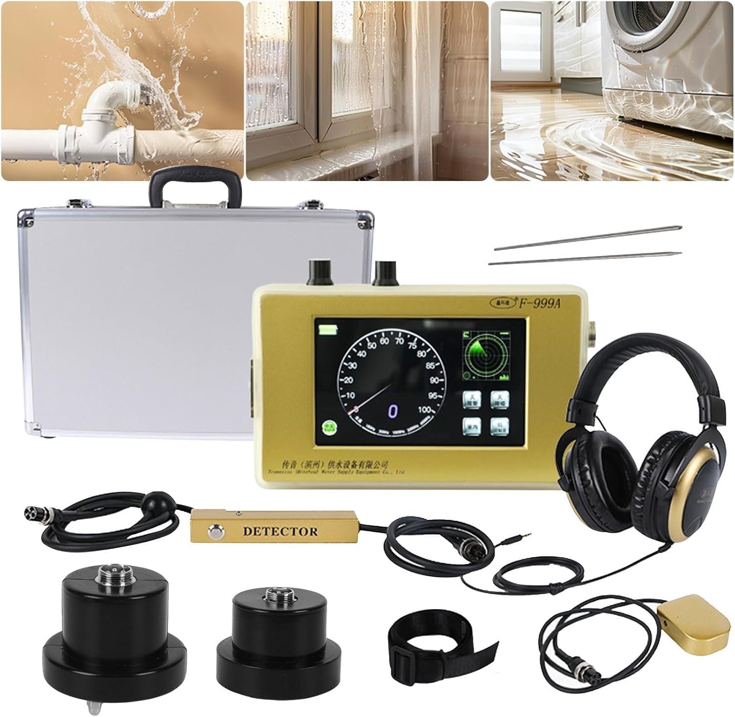 Geofono Avanzato F999A, Rilevatore Perdite d’Acqua Professionale, Frequenza Regolabile, Profondità 13ft, Alta Sensibilità, Cuffie Antirumore, Kit Completo per Tubi e Impianti Idraulici