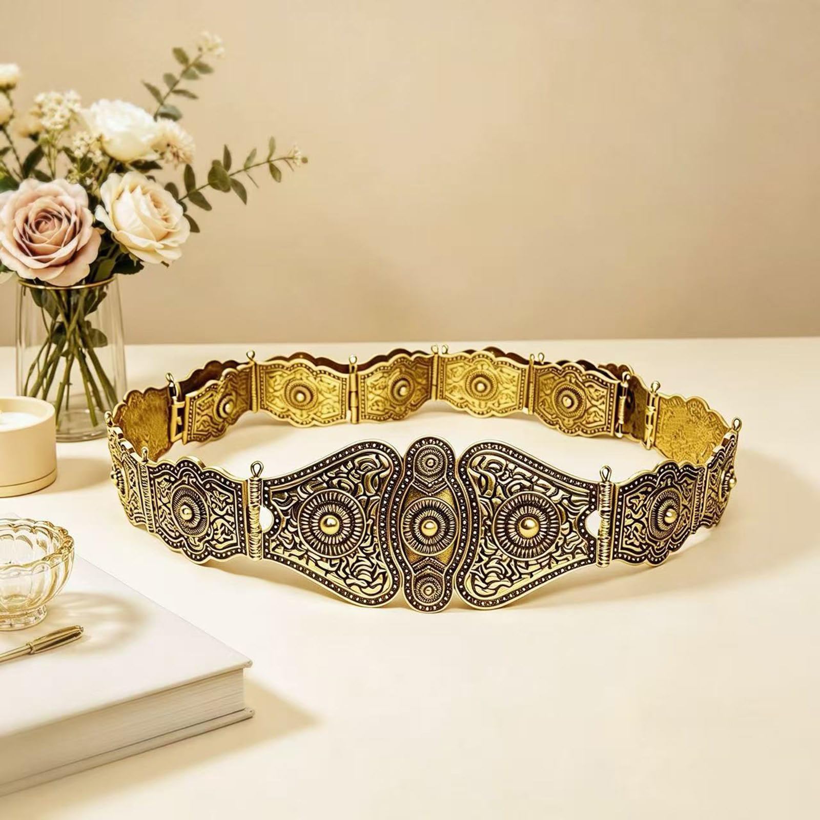 Cinturón con diseño vintage de aleación grabado, cierre ajustable para vestir y banquetes, cinturón ornamental de metal grabado para cintura ajustable, accesorio de vestido