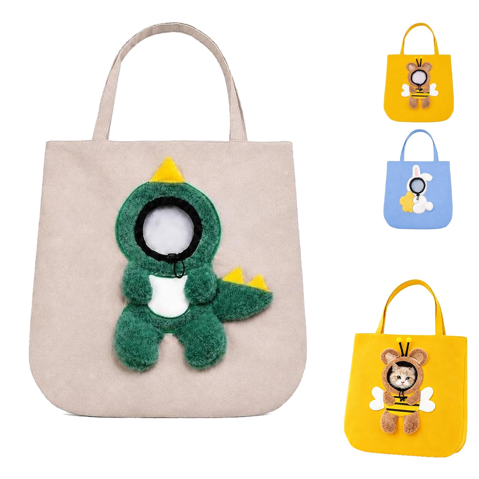 Pet Canvas Shoulder Bag, Breathable Cat Carrier Tote with Head-Out Design, Animal Shaped Portable Dog Carrying Handbag for Small Cats & Dogs – Bee, Bunny, Dinosaur，Dinosaur, M