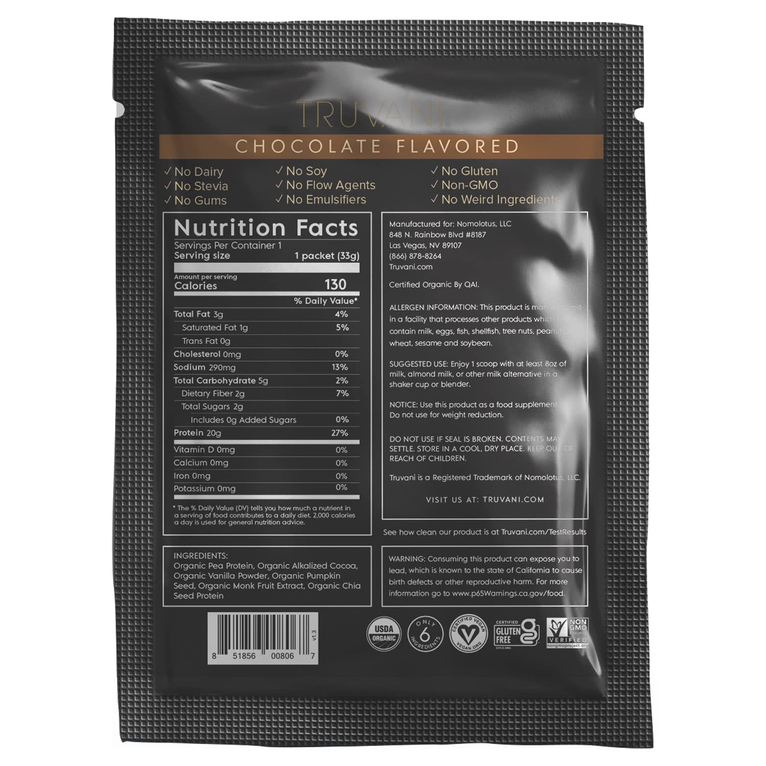 Truvani Vegan Pea Protein Powder | Chocolate | 20g Organic Plant Based Protein | 1 Serving | Keto | Gluten & Dairy Free | Low Carb | No Added Sugar