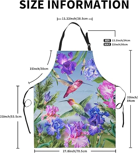 Miniatura 4 de Delantal de colibríes de primavera con bolsillo, flores de iris moradas y rojas, delantal de cocina impermeable con cuello ajustable con lazos