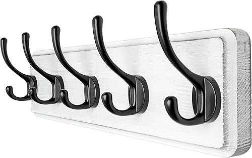 Dseap Perchero de pared patentado, resistente, 17.4 pulgadas de largo, 5 ganchos dobles de madera, perchero montado en la pared, perchero para