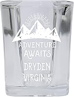 Vista 1 de Dryden Virginia Souvenir Laser Engraved 2 Ounce Square Base Liquor Shot Glass Adventure Awaits Design