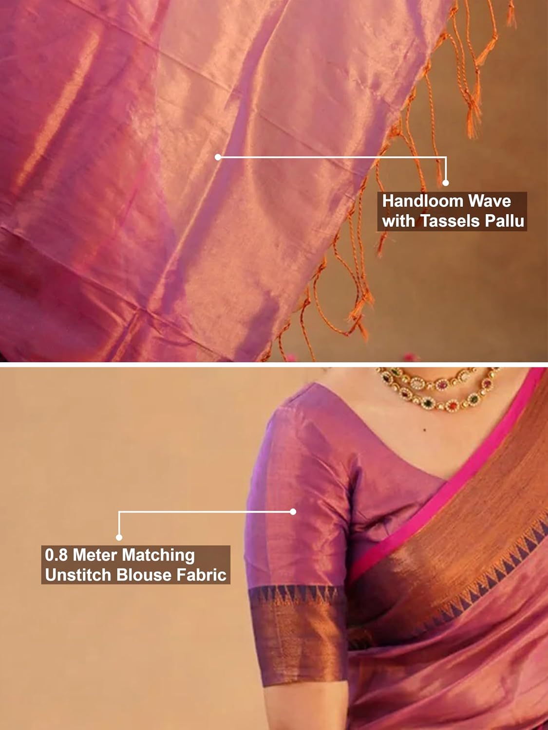 TRENDMALLS Women's Tissue Cotton Handloom Saree with Unstitched Blouse Piece (K1142-Pink-)