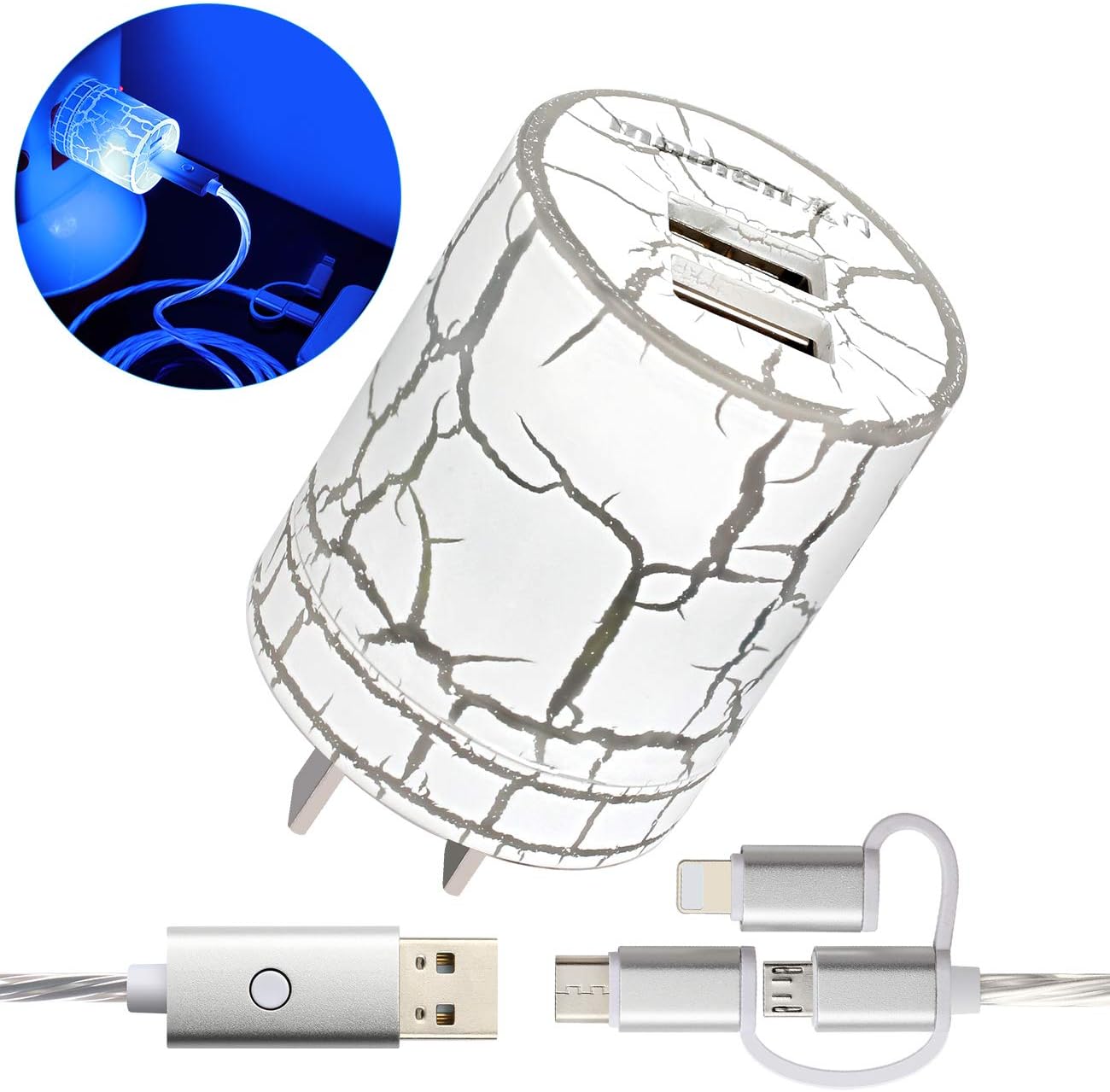 USB Wall Charger, Led Charger Block with 3 in 1 Light Up Charging Cable, for iPhone 11/11 pro/X/XS max/8/7/6/6s, iPad, Samsung Galaxy, LG, HTC (Blue Light)