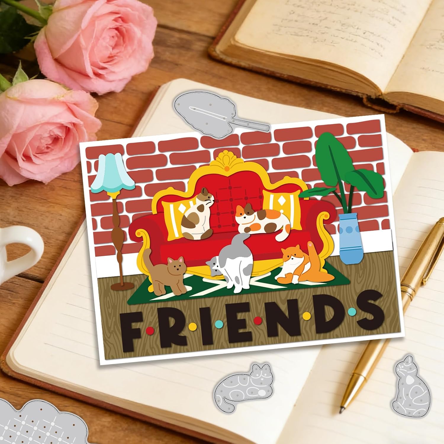 INFUNLY 18 Pcs Cat Party Die Cuts for Card Making Pet Meeting Cutting Dies Furniture Metal Die Cuts Funny Cats Carbon Steel Dies Potted Plant Embossing Templates for DIY Scrapbooking Album Craft