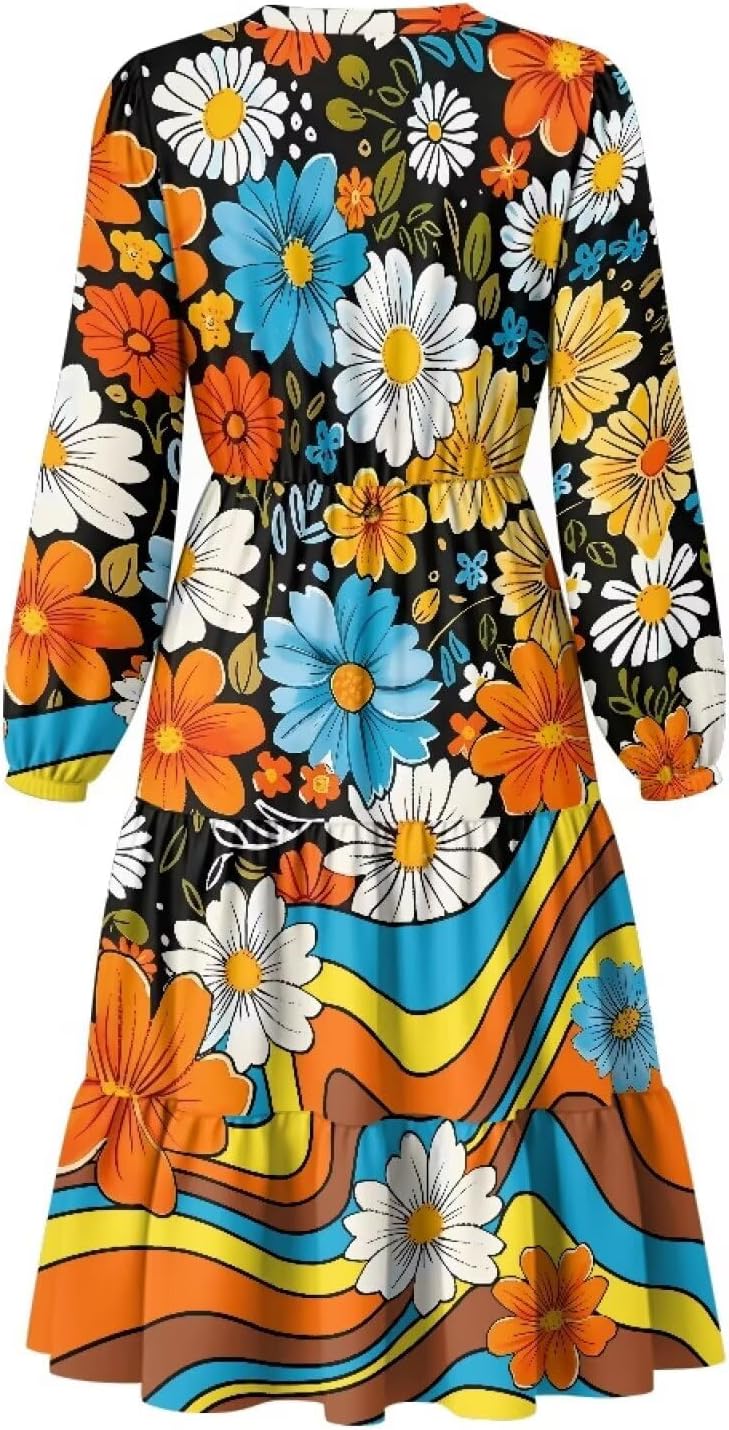 Womens Doll Sleeves Fall Dresses V Neck Midi Dresses Fashion Casual Fit Flowy Tiered Boho Beach Vacation Sundress
