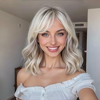 Stardrop Short Wavy Bob With Air Bangs In Gray Blonde Human Hair Wigs For Women Layered Curls Stylish Glueless Lightweight Shoulder Length Daily Wear (Ash Blonde,16inch)