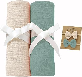 okdiy 2 Pack Muslin Swaddle Blankets with Headband Set 47x47 in,Large 100% Organic Cotton Muslin Baby Blanket for Newborn Toddlers,Baby Receiving Blankets for Boys and Girls (Khaki+Green)