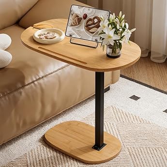 Zuxbolf Side Table C Shape Height Adjustable 40-80 cm Bamboo | 360&deg; rotatable, with mobile phone holder and cup holder, for s