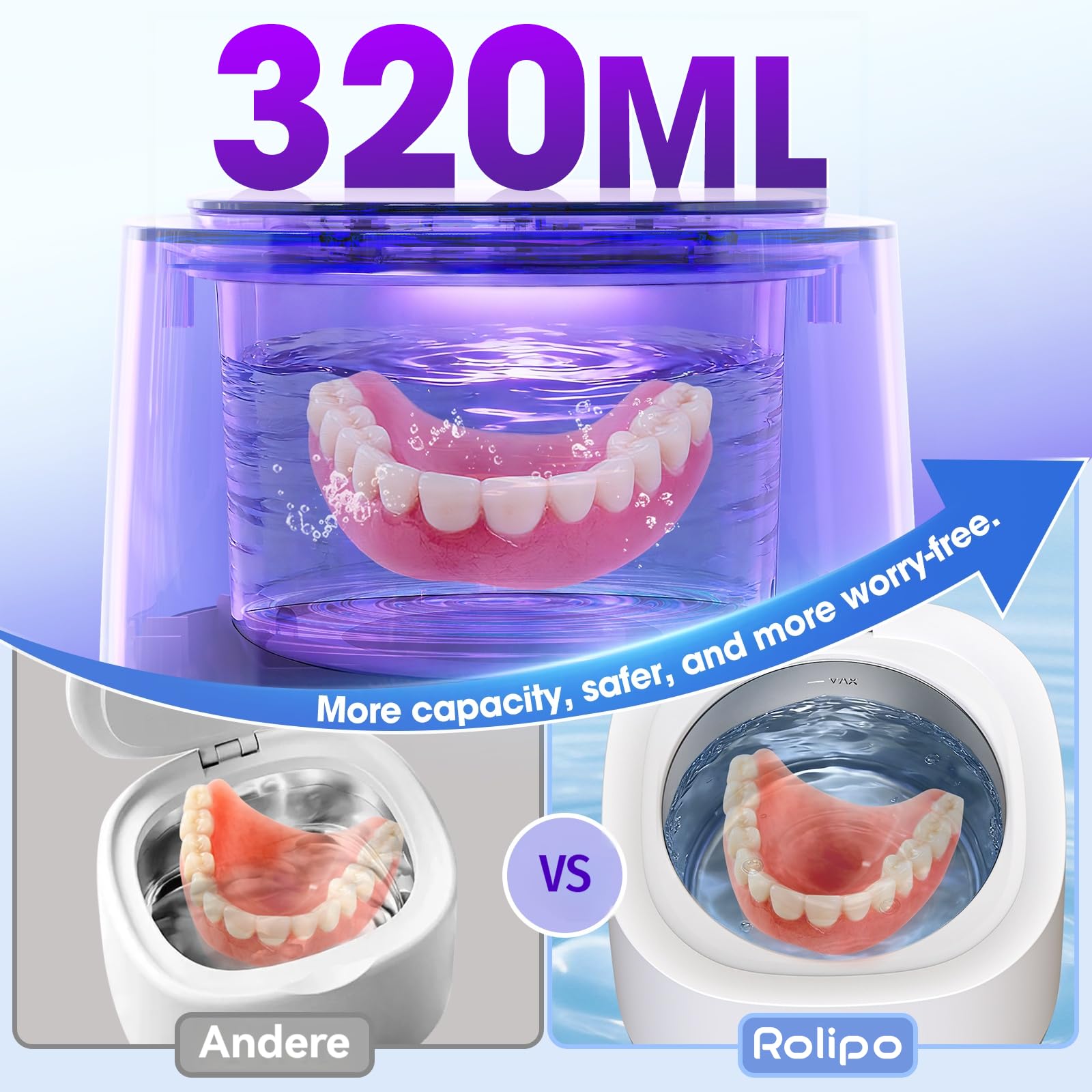 Rolipo Dispositivo di pulizia a ultrasuoni, 45 kHz, per protesi dentali, 320 ml, in acciaio inox, con 4 luci UV, pulitore a ultrasuoni per gioielli e testine dello spazzolino da denti, kit di