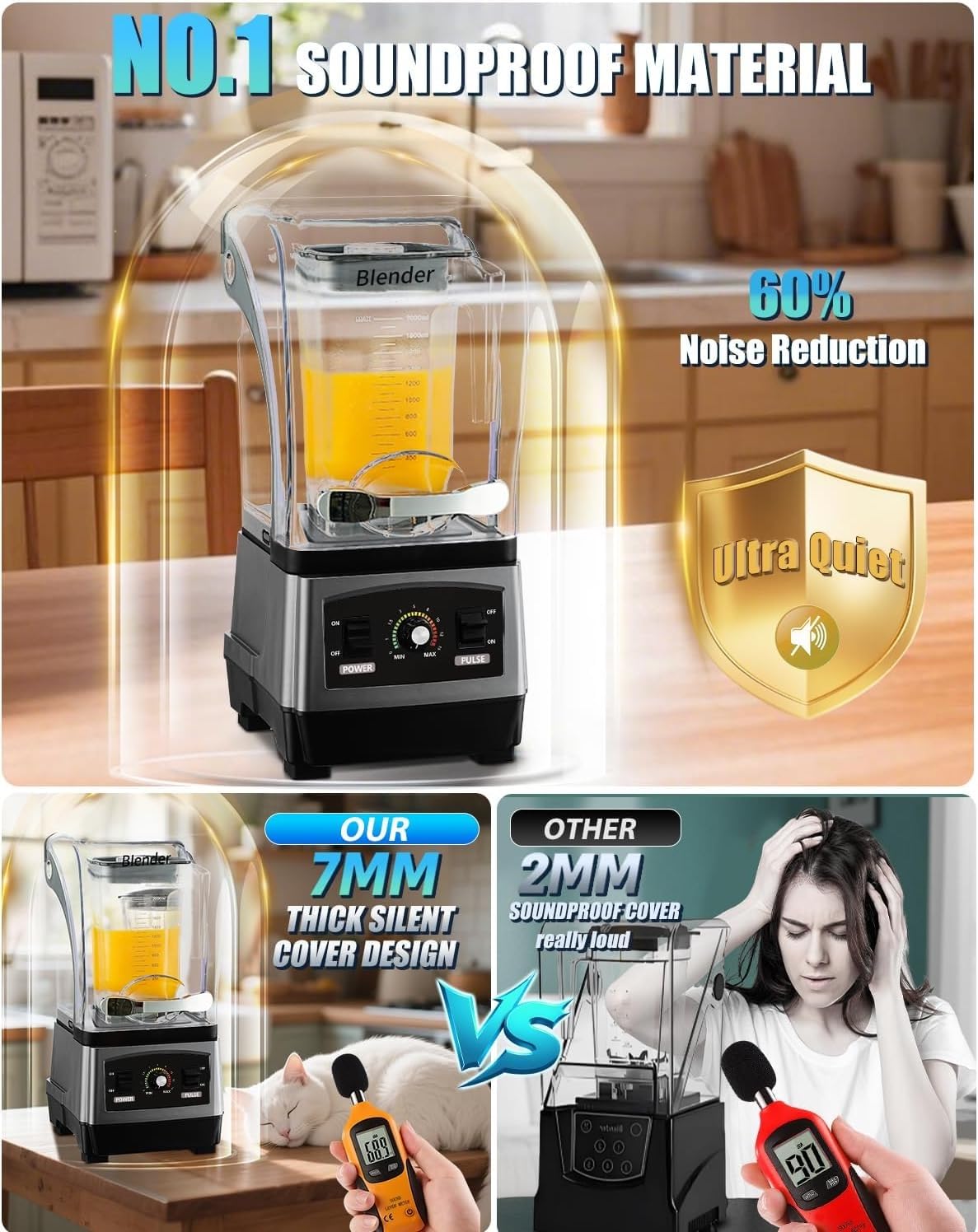 Exprimidor de prensado en frío, licuadora silenciosa con tapa, procesador de alimentos eléctrico profesional de encimera, cuchilla de acero inoxidable de seis cuchillas(Gray)