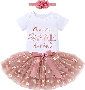 ODASDO Baby Girls First Birthday Outfit Flower Printed Cotton Short Sleeve Romper Tutu Skirt Crown Headband 3PCS Set
