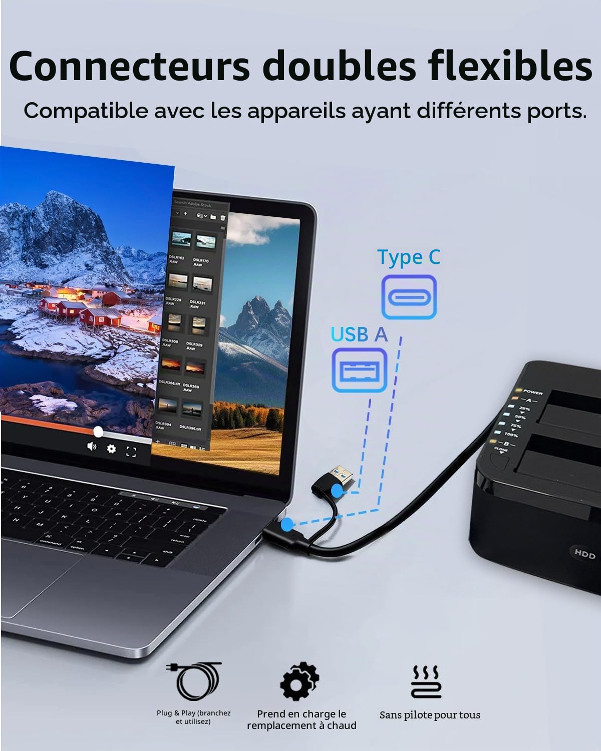 Dock Disque Durs Double Baie, RGB USB 3.0 Station Lecteur Disque Dur La Fonction de Clonage Hors Ligne Prend en Charge UASP Jusqu'à 2*20 to Double Baie pour HDD/SSD SATA 2,5/3,5 Pouces