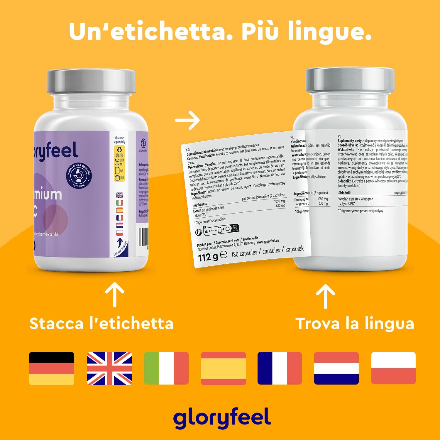 OPC Estratto di Semi d'Uva 95% – 630 mg OPC Puro per Dose – 180 Capsule Vegane – Alto Dosaggio – Antiossidante Naturale – Per Microcircolo, Vene e Capillari – Testato in Laboratorio