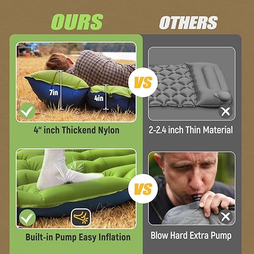 Miniatura 6 de Colchoneta de dormir doble  Autoinflable de 4 pulgadas extra gruesa para 2 personas con almohada con bomba de pie incorporada, alfombrilla inflable
