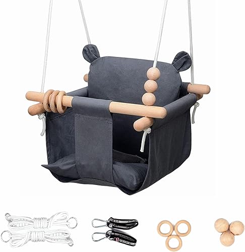 Columpio de lona para bebé, columpio para interiores y exteriores con cinturón de seguridad, columpios colgantes de madera para colgar en el