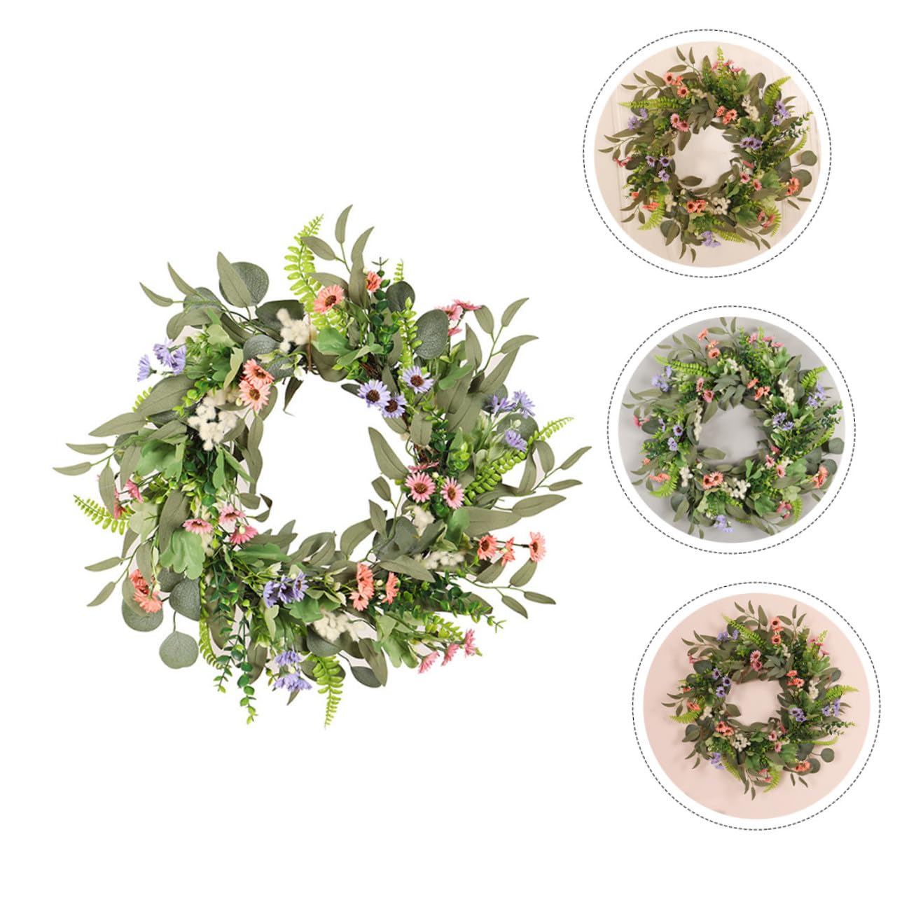 DOITOOL Künstlicher Eukalyptuskranz Hängende Sommerkranz mit Gänseblümchen als Haustürkranz Zeitlose Saisonale Wohnaccessoire Dekoration für Abschlussfest und Sommerfest